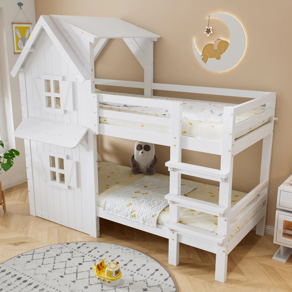 LETTO A CASTELLO per bambini 90x200 cm Bianco con finestre e tetto
