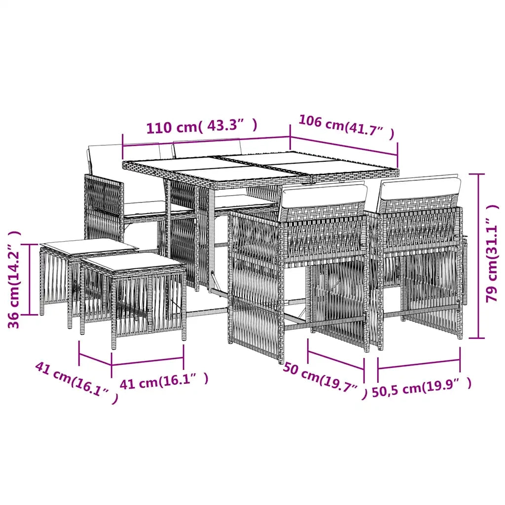 Set da Pranzo da Giardino 9 pz con Cuscini Beige in Polyrattan 3211678