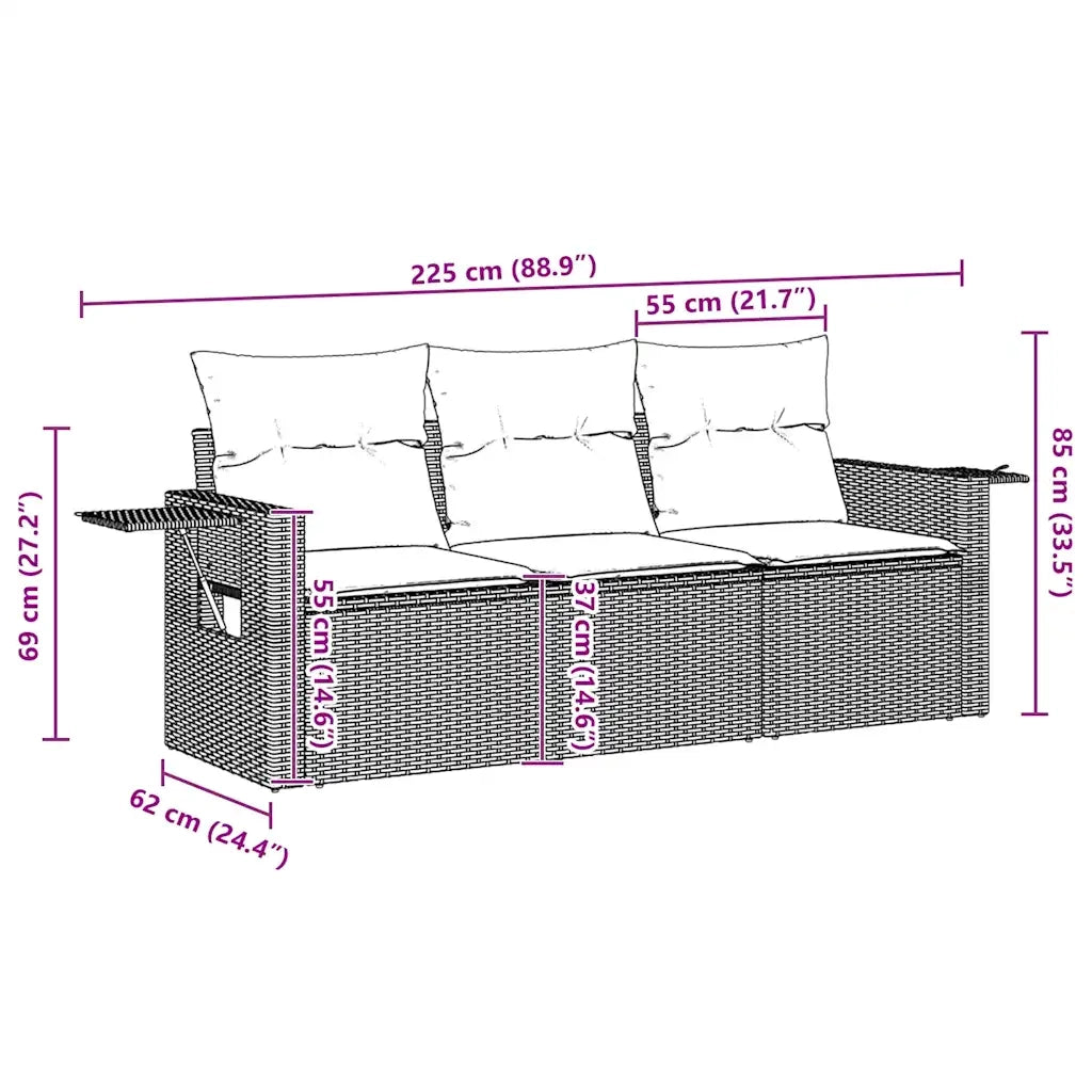 Set Divano da Giardino 3 pz con Cuscini Marrone in Polyrattan