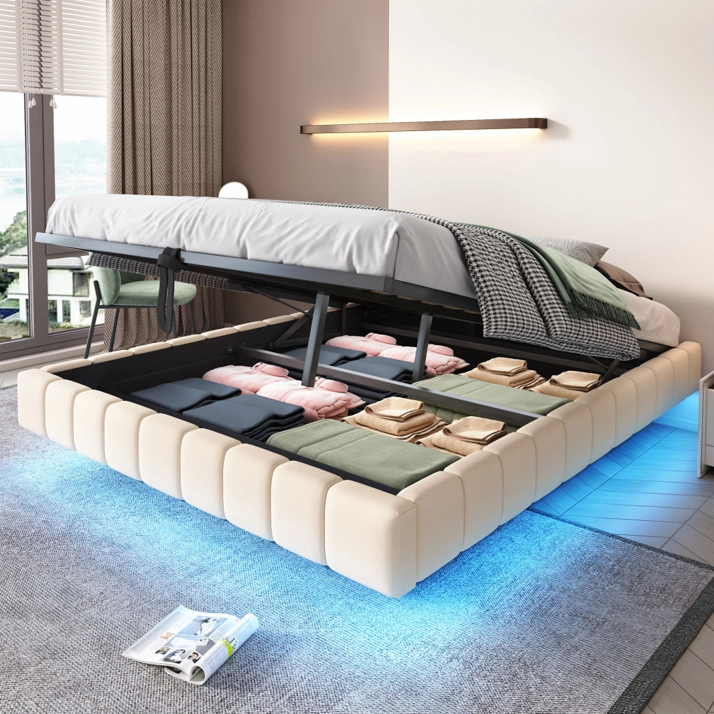 Letto imbottito 160x200 cm - Zephmum- Telaio idraulico con LED e spazio di archiviazione