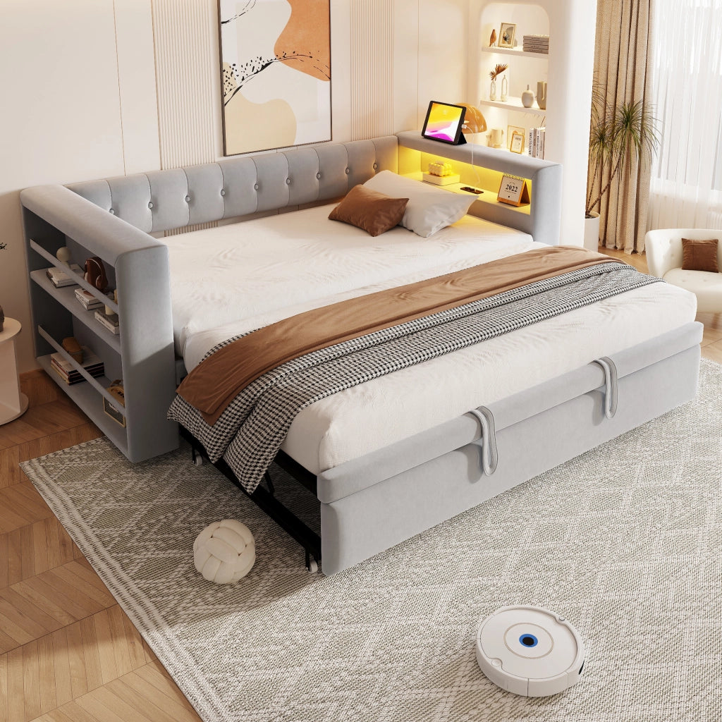 DIVANO LETTO 180x190 cm con LED, prese e contenitore, Grigio chiaro