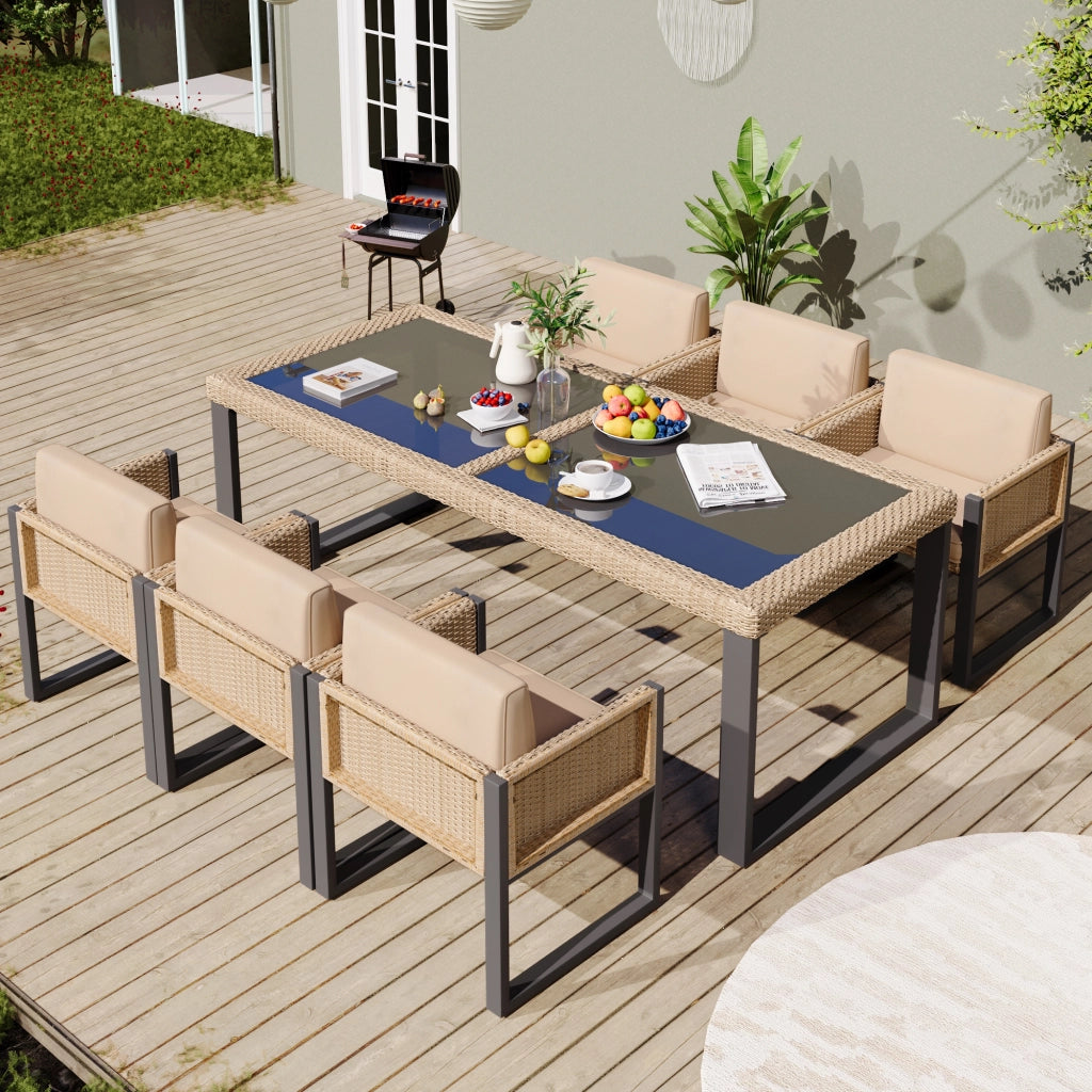 Tavolo da Giardino 7 Pezzi con 6 Poltrone; Mobili da Esterno in Rattan e Tessuto con Schienale Alto e Cuscini Sfoderabili; Marrone