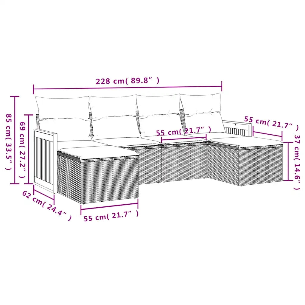 Set Divani da Giardino 6 pz con Cuscini Nero in Polyrattan 3227898