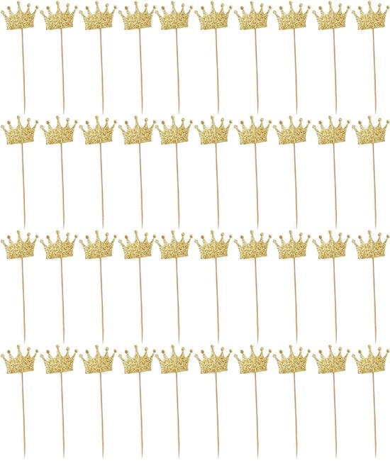 Decorazioni per Cupcake - Corona d'Oro - 40 Pack - Decorazioni per Torta - Festa di Compleanno - Matrimonio - Carta Luccicante - Bamboe di Qualità Alimentare