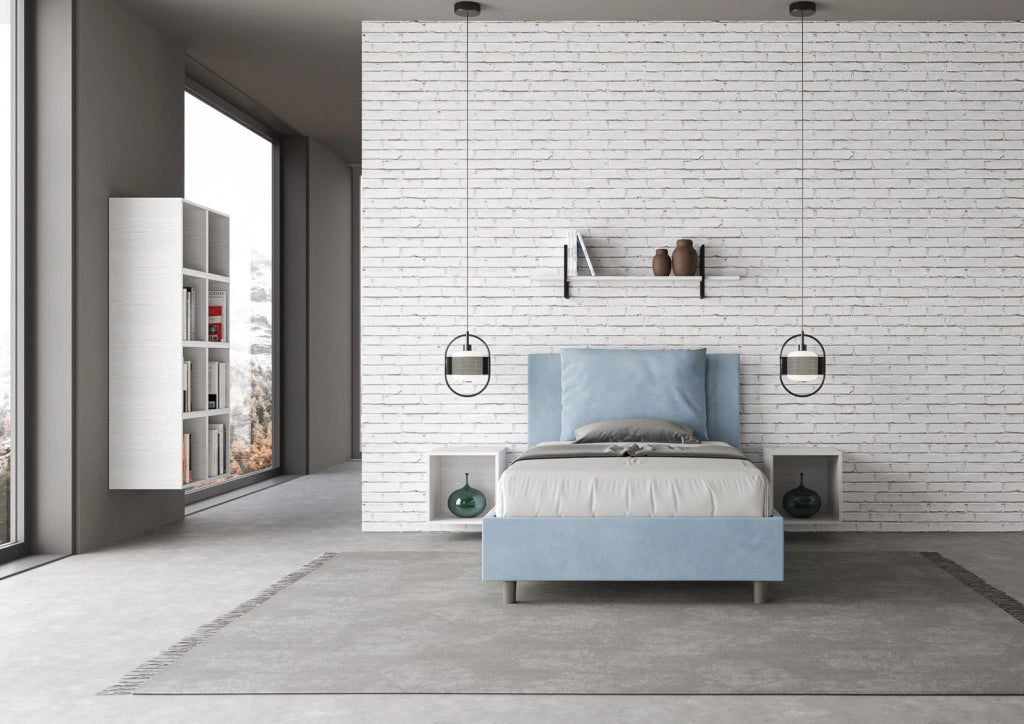 BS COM Letto singolo contenitore imbottito 100x210 microfibra azzurro