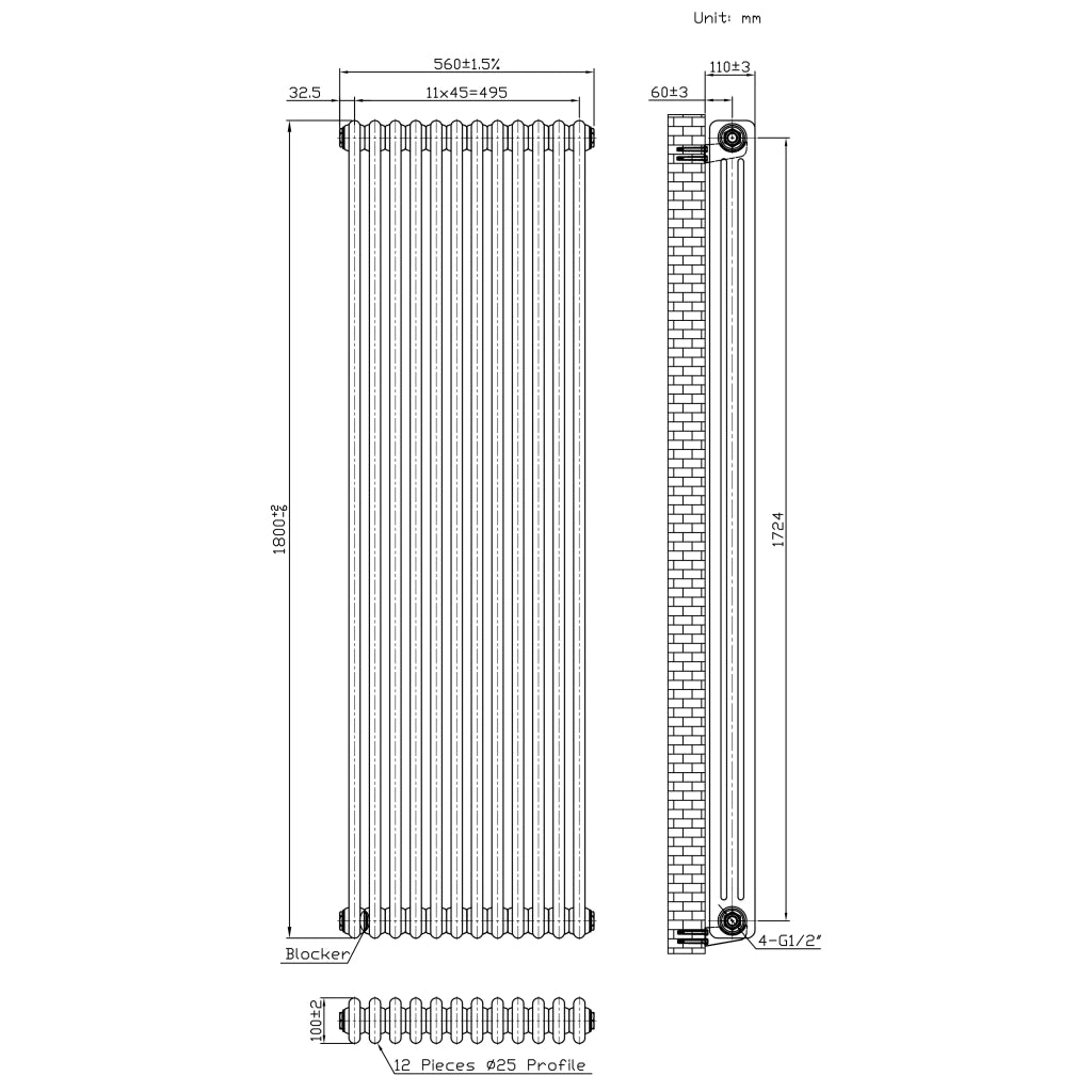 Radiatore 3 Colonne Verticale Metallo Grezzo 1800x560 mm