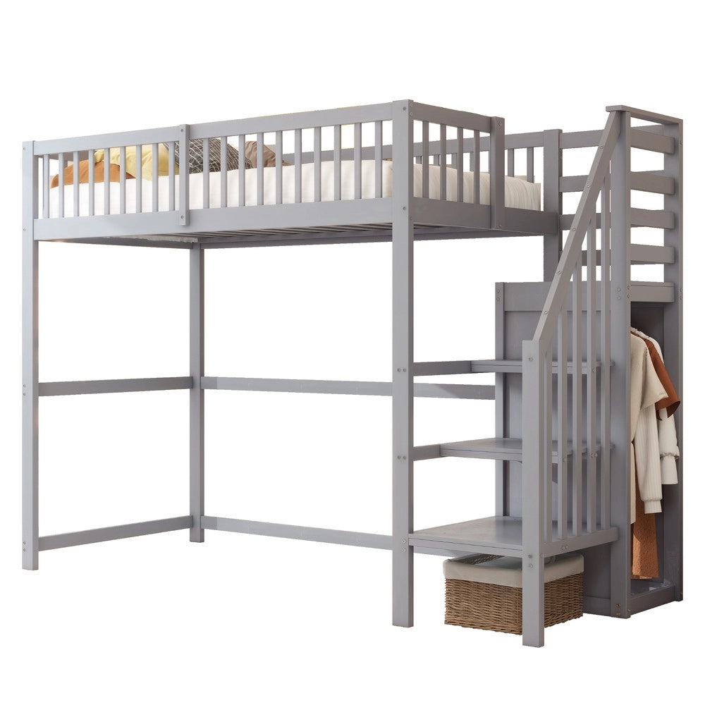 Letto a Soppalco con Scala e Armadio ¨C MINIMAL ¨C Legno Grigio 90x200