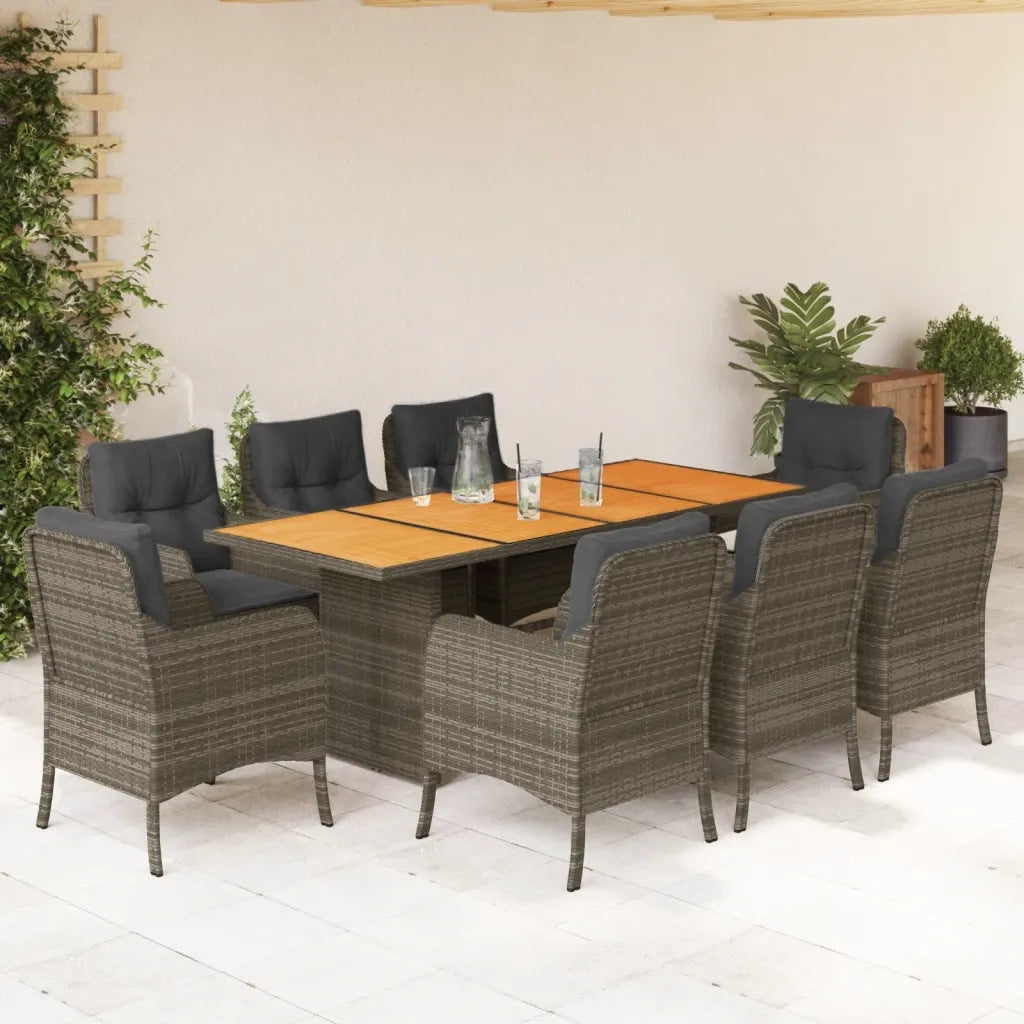 Set da Pranzo da Giardino 9 pz con Cuscini in Polyrattan Grigio