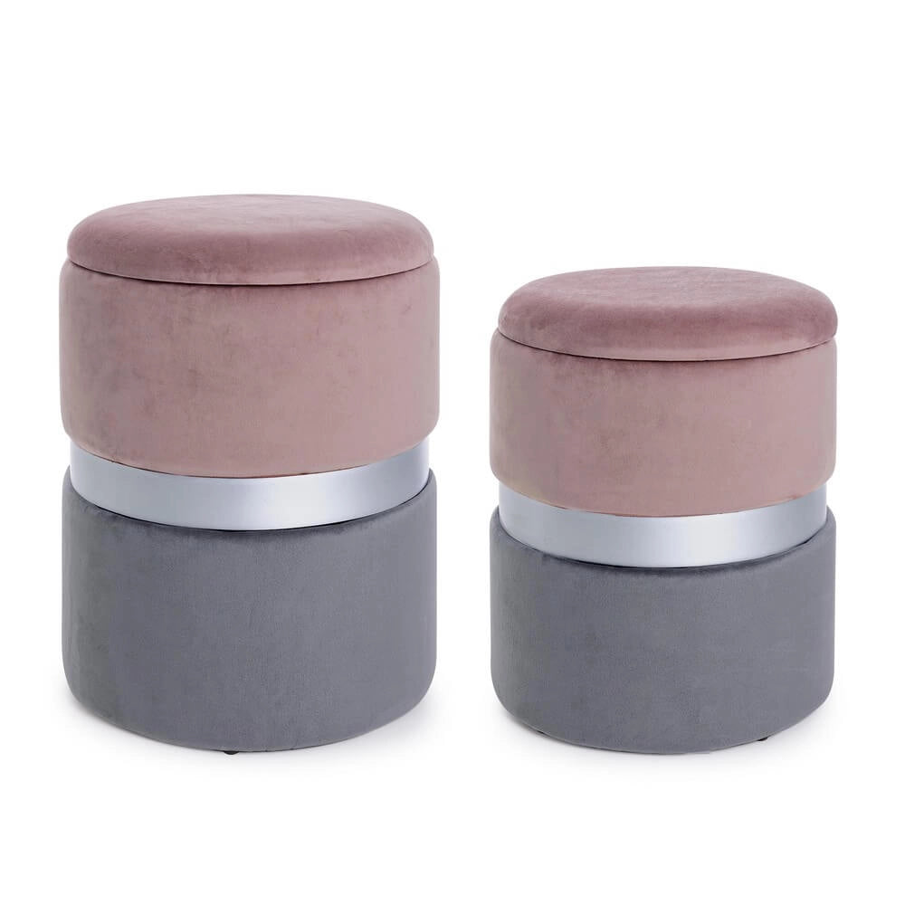 Set da 2 Pouf Rotondi in Velluto con Contenitore - POLLY