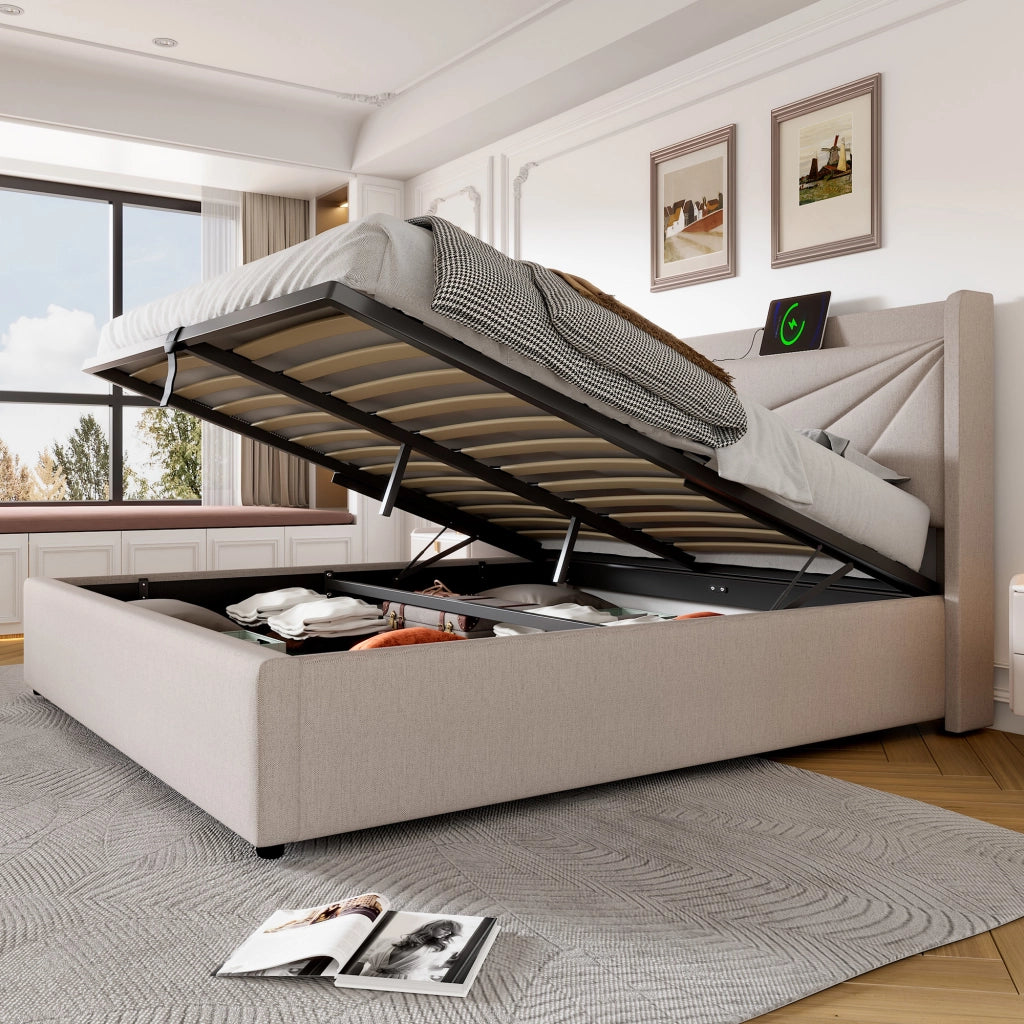 LETTO Contenitore 160x200 cm con USB e USB-C Beige in cotone e lino