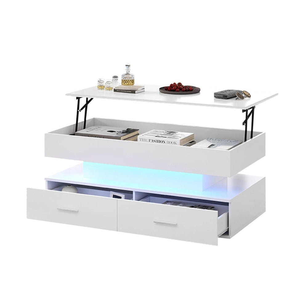 Tavolino da Caff¨¨ Regolabile in Altezza con LED e Cassetti ¨C MINIMAL ¨C Bianco