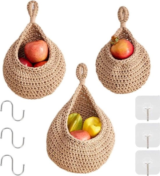 Set di 3 Cestini per Frutta a Maglia in Cotone da Appendere alla Parete
