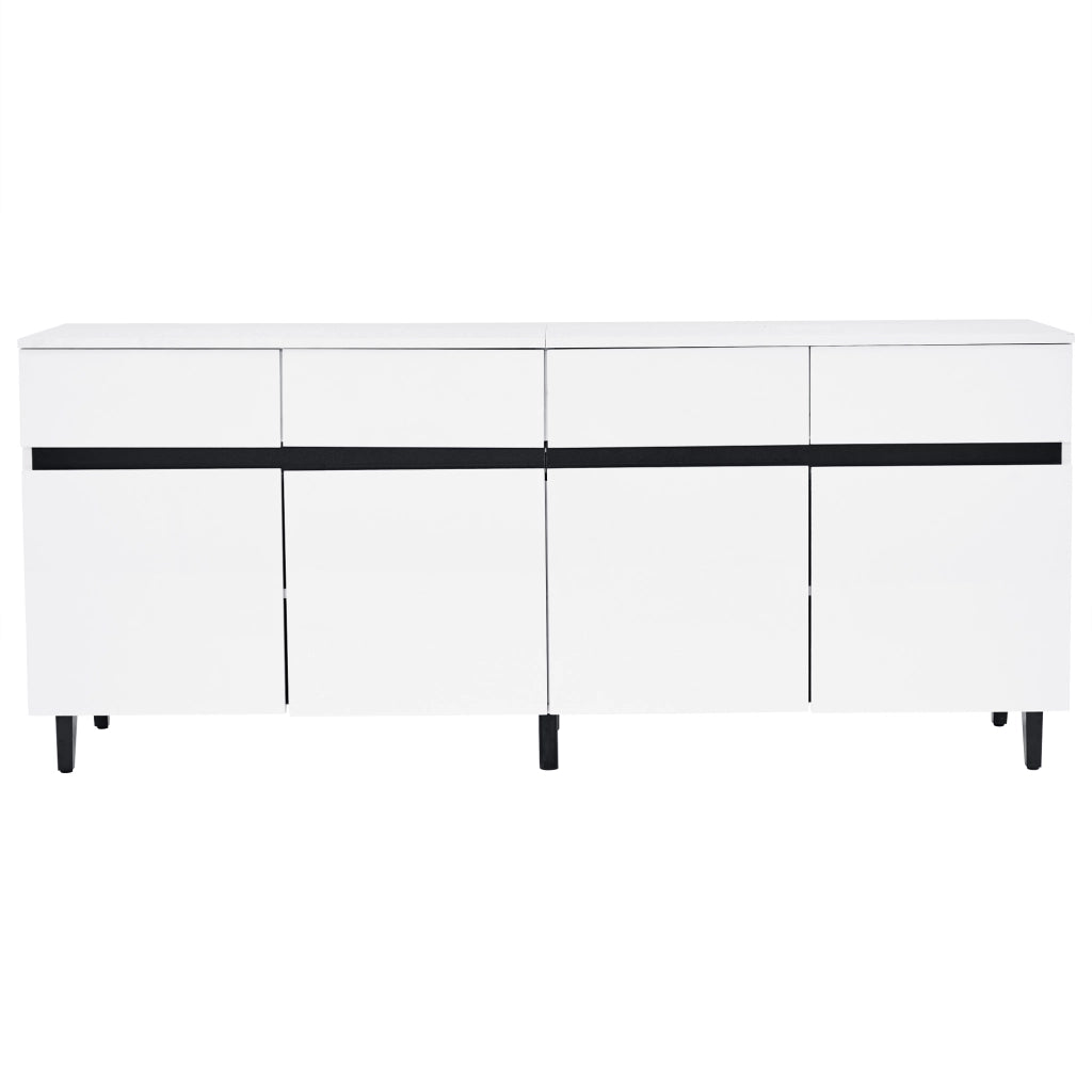 Sideboard bianco lucido con 4 cassetti, 2 ante e ripiani regolabili, 160 x 40 x 68 cm