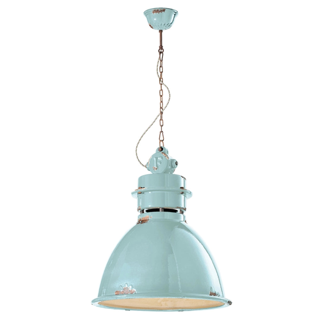 Lampadario Industrial Ferro E Ceramica Vintage Azzurro 1 Luce E27 50Cm