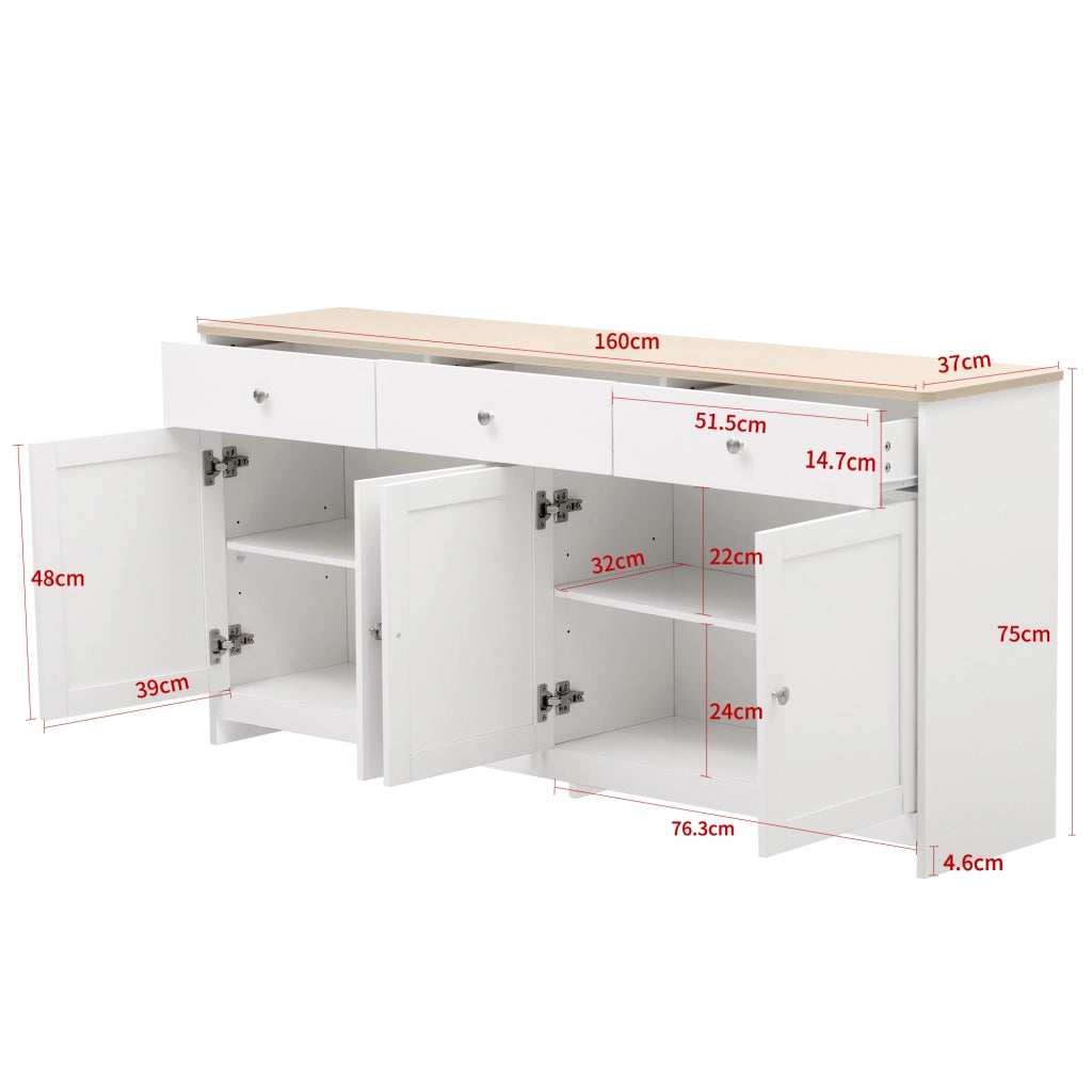 SIDEBOARD 160 cm con 3 cassetti, 4 ante, bianco e legno