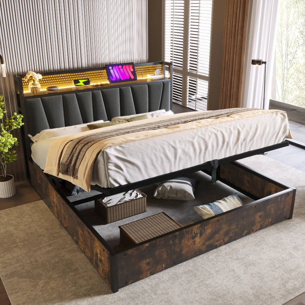 LETTO matrimoniale 160x200 cm grigio con LED RGBW, USB e prese
