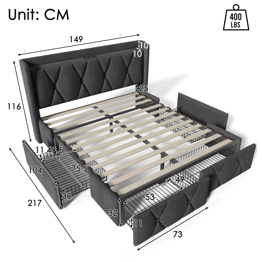 LETTO Contenitore 140x200 cm Grigio in lino con 4 cassetti e prese USB