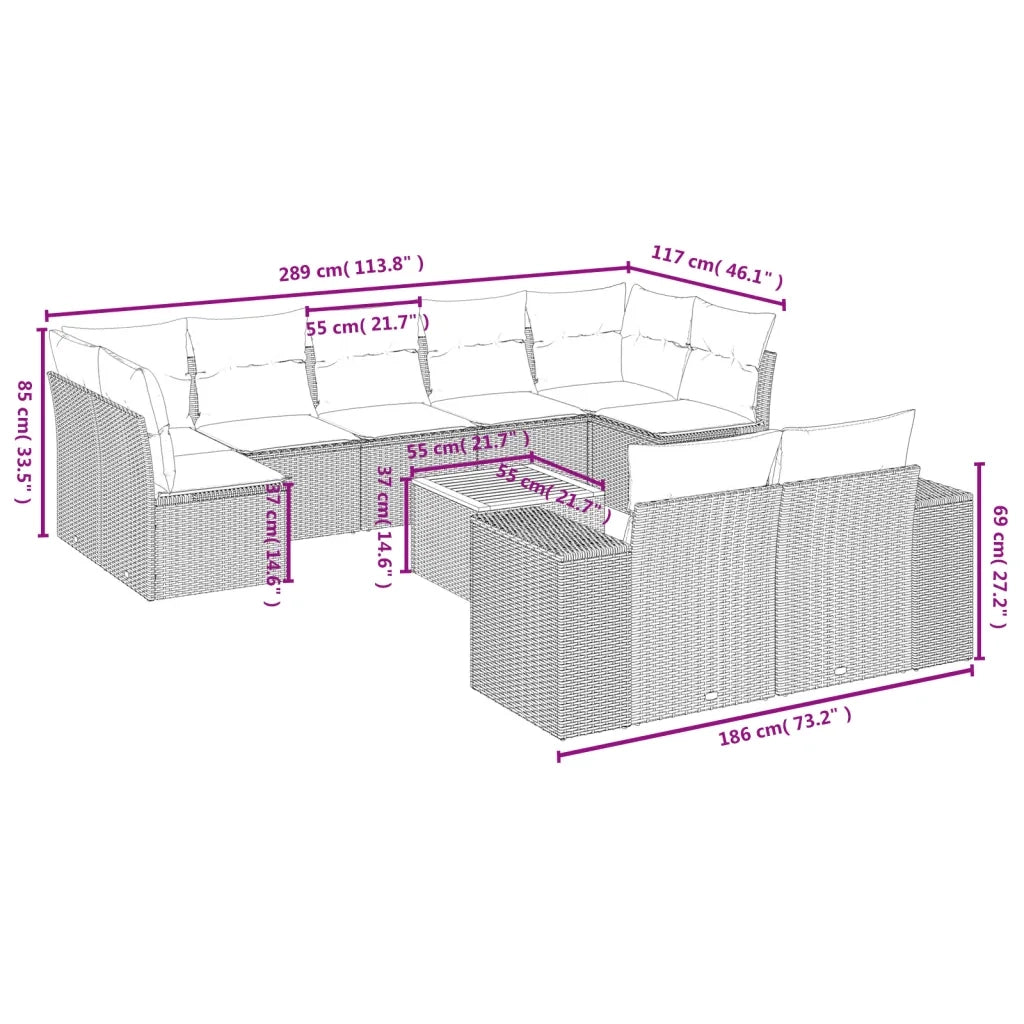 Set Divani da Giardino 10pz con Cuscini in Polyrattan Nero 3225593