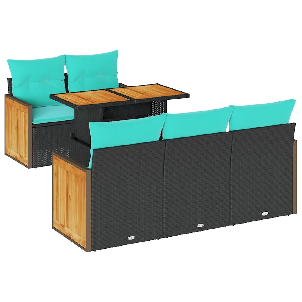 Set Divani da Giardino 6 pz con Cuscini Nero in Polyrattan e acacia 3327662