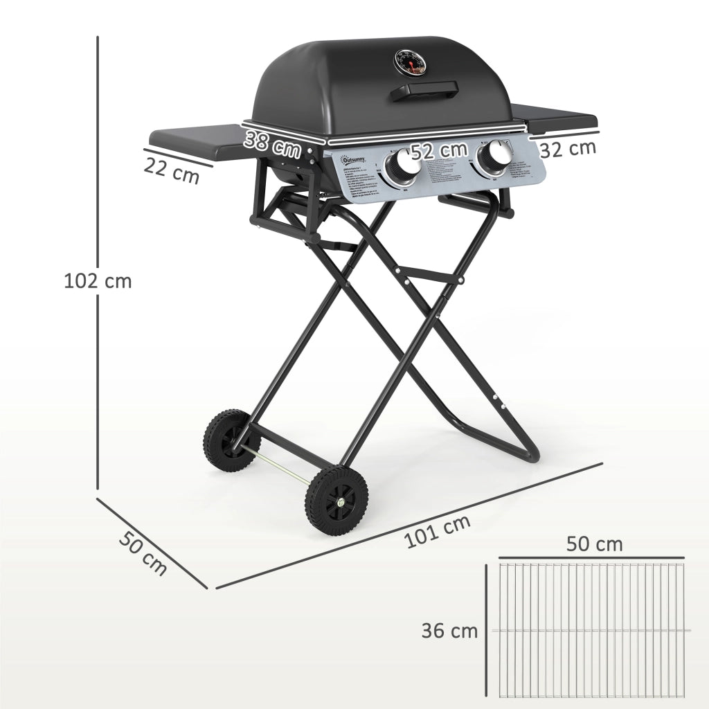 Barbecue a Gas Portatile con 2 Bruciatori e 2 Tavolini, Coperchio con Termometro e Ruote, Nero