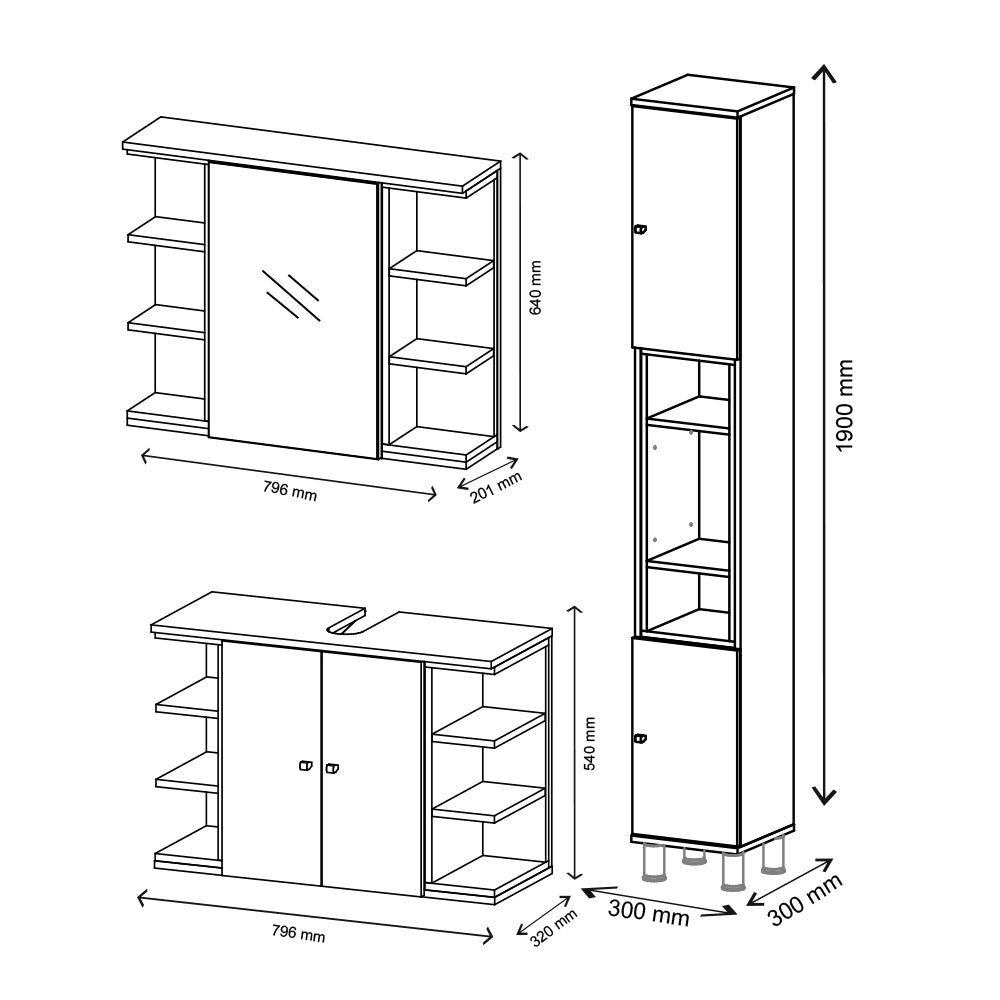 Vicco Set mobili bagno Antracite 3 parti, con colonna