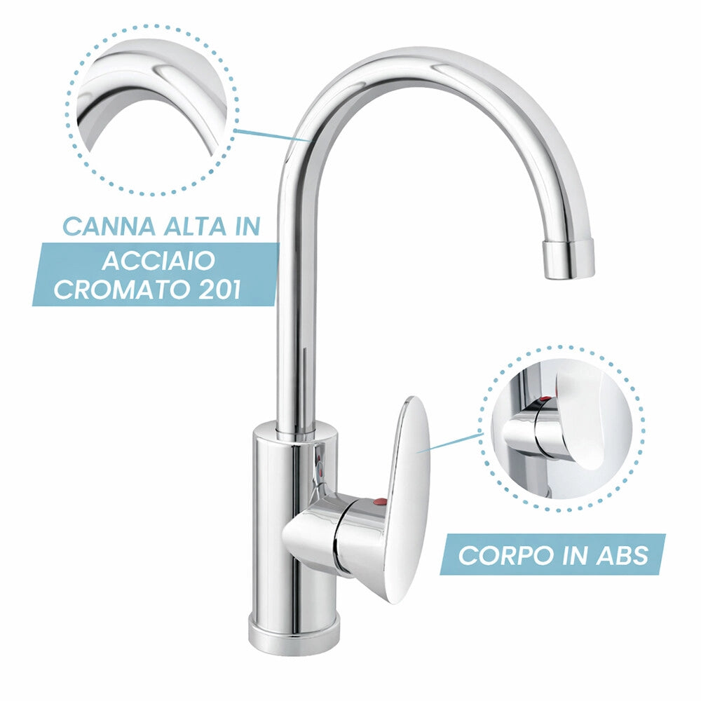 Lavatoio in resina 60x34 bianco con miscelatore a canna alta inox e scarico incluso