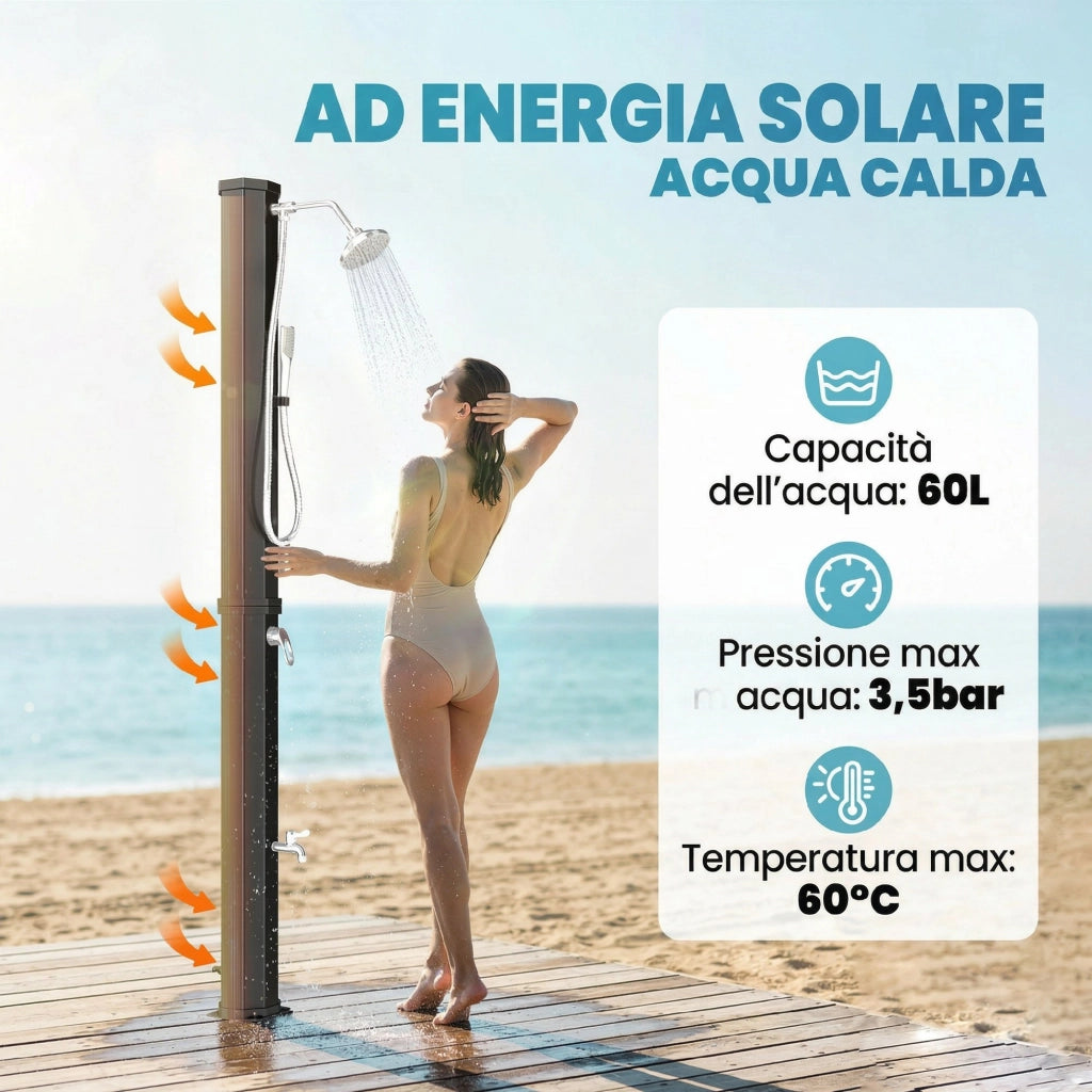 Doccia Solare 60L, Doccia da Giardino Esterno con 2 Soffioni Riscaldata