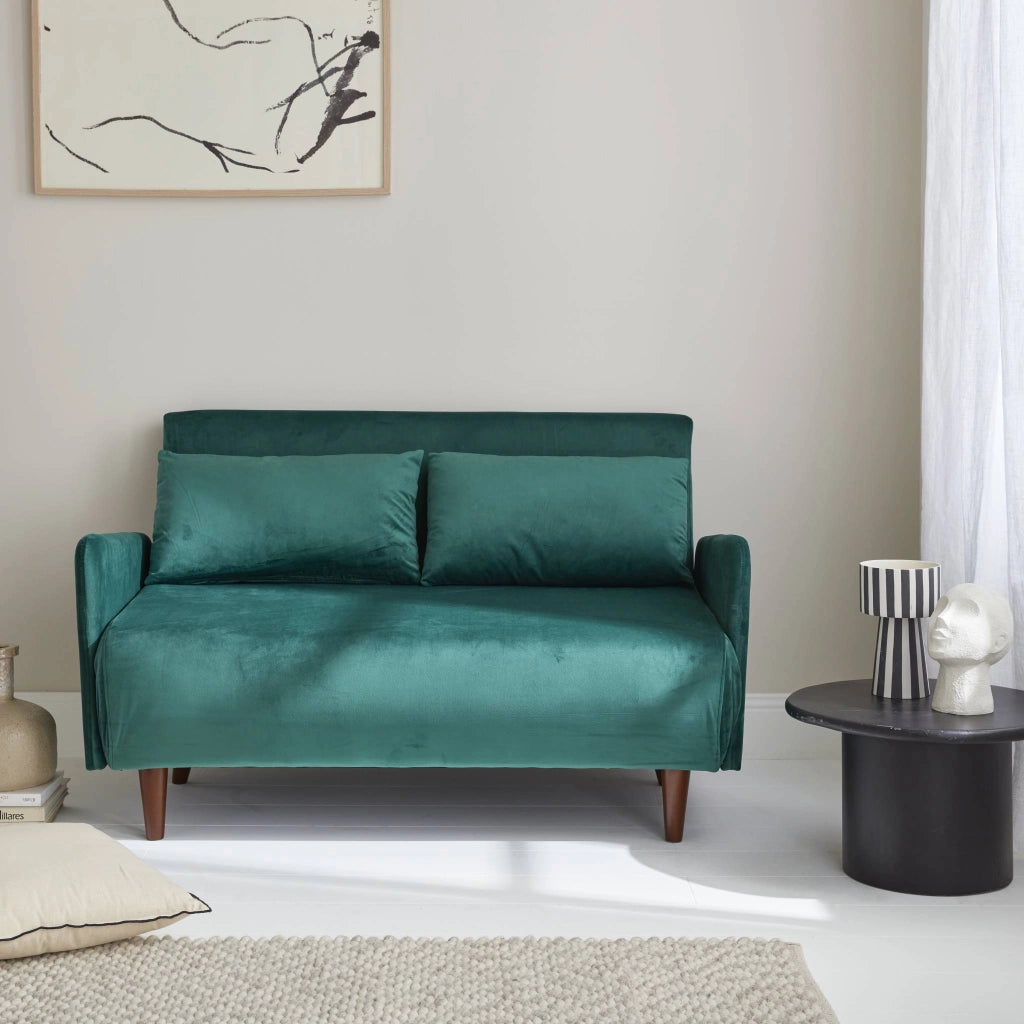 Divano letto in velluto con gambe in legno, 2 posti, verde