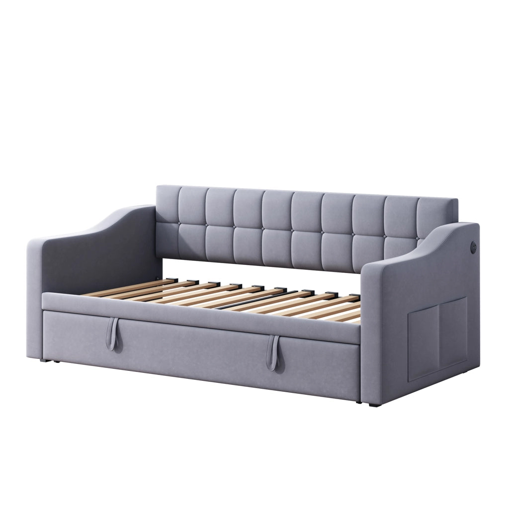 LETTO Estraibile 90x190 cm in Velluto Grigio con porte USB