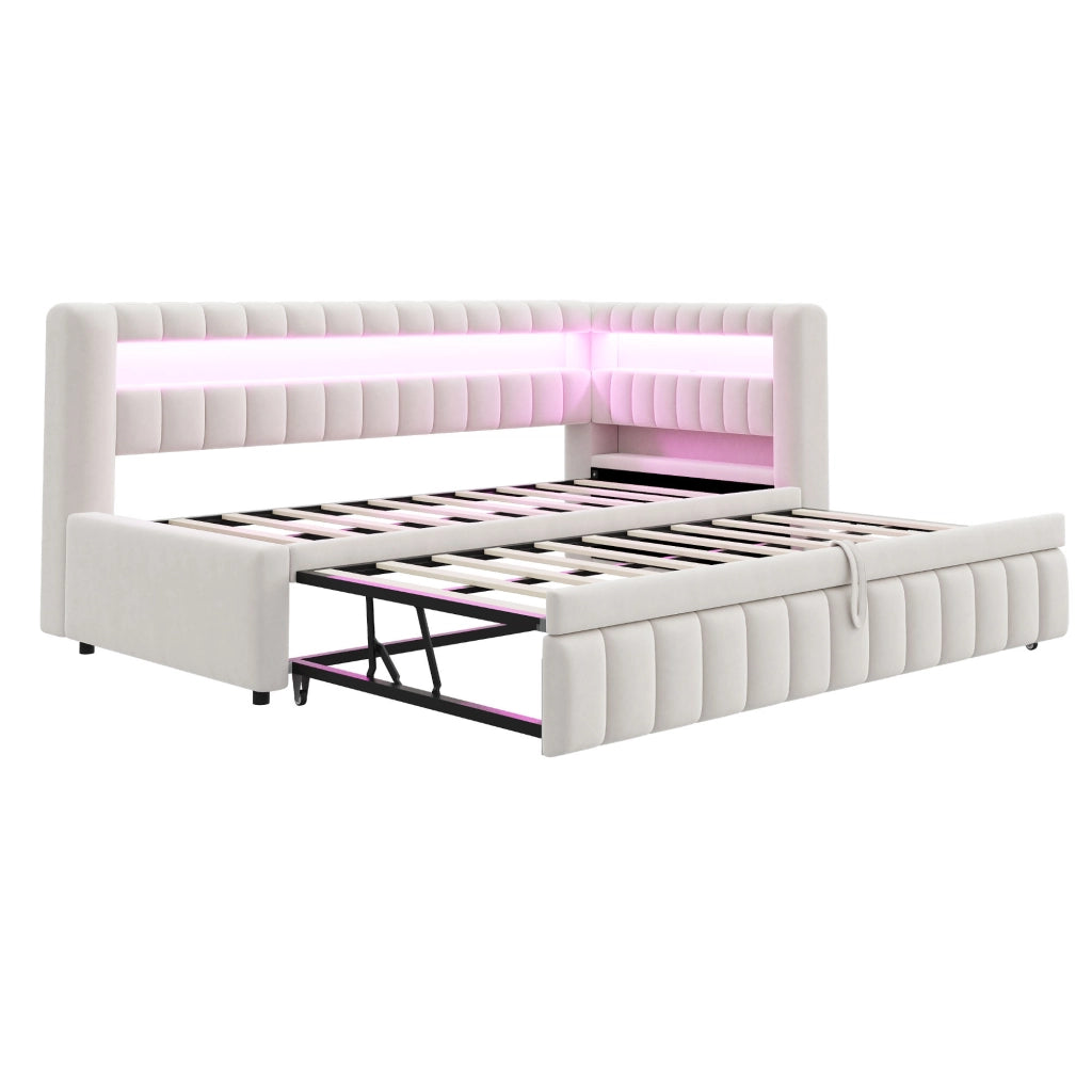 Letto imbottito trasformabile con LED, porte USB e USB-C, 90x200 cm, beige