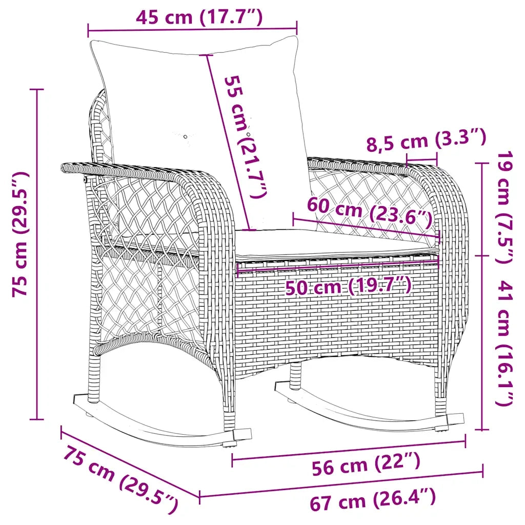 Sedia a Dondolo da Giardino | Sedie da Esterno con Cuscini in Polyrattan Grigio