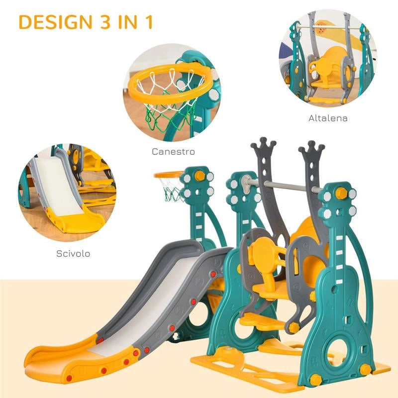 SCIVOLO PER BAMBINI 18 MESI-3 ANNI CON ALTALENA REGOLABILE E CANESTRO