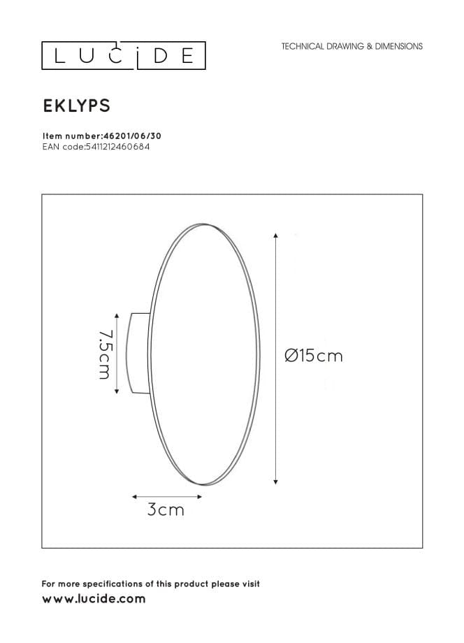 Lucide EKLYPS applique LED 6W nera alluminio 3000K 360lm