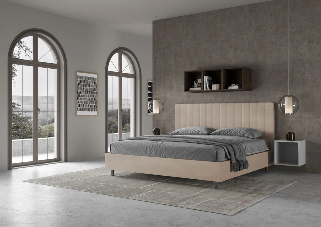 BS COM Letto matrimoniale king size contenitore imbottito 190x200 microfibra sabbia