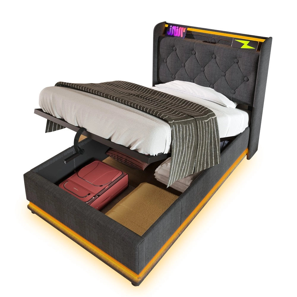 Letto Singolo Imbottito con LED e Contenitore Idraulico ¨C MINIMAL ¨C Grigio, 90x200 cm