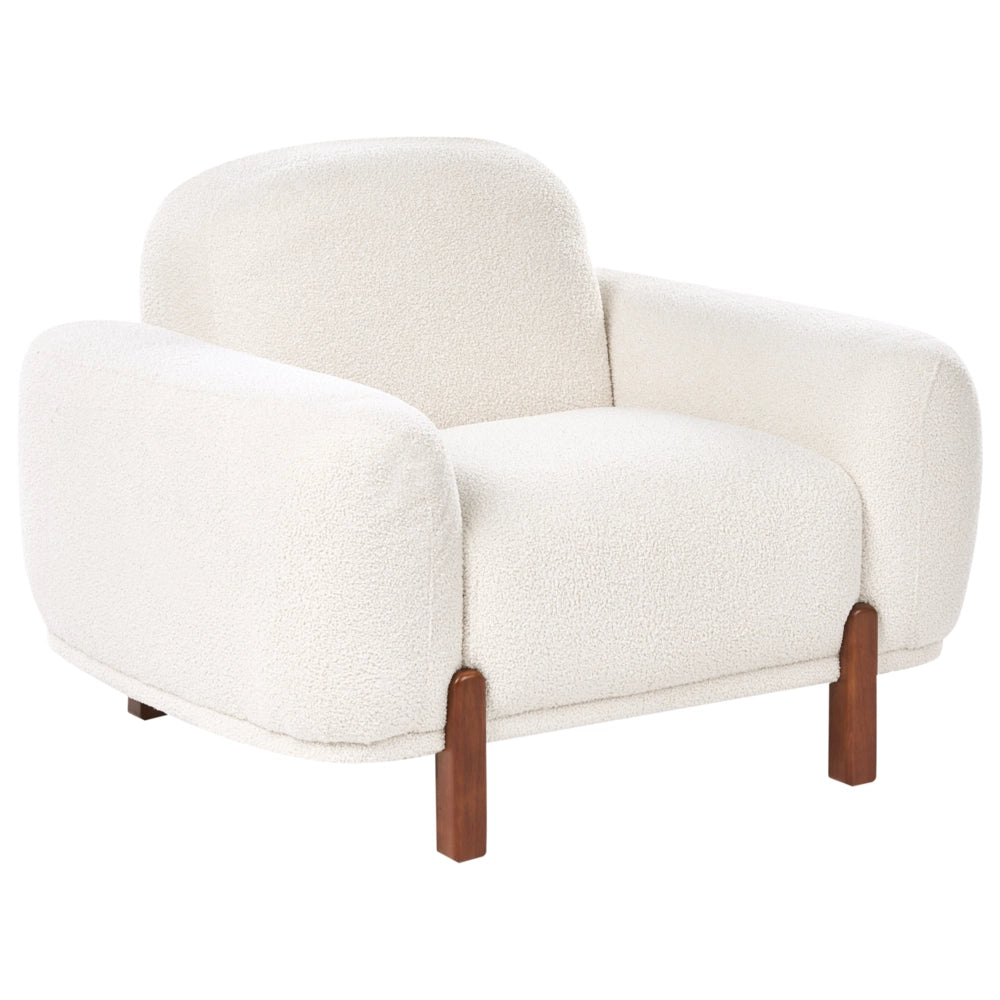 Poltrona bianca bouclé imbottita morbida moderna organica bassa curvilinea stile moderno