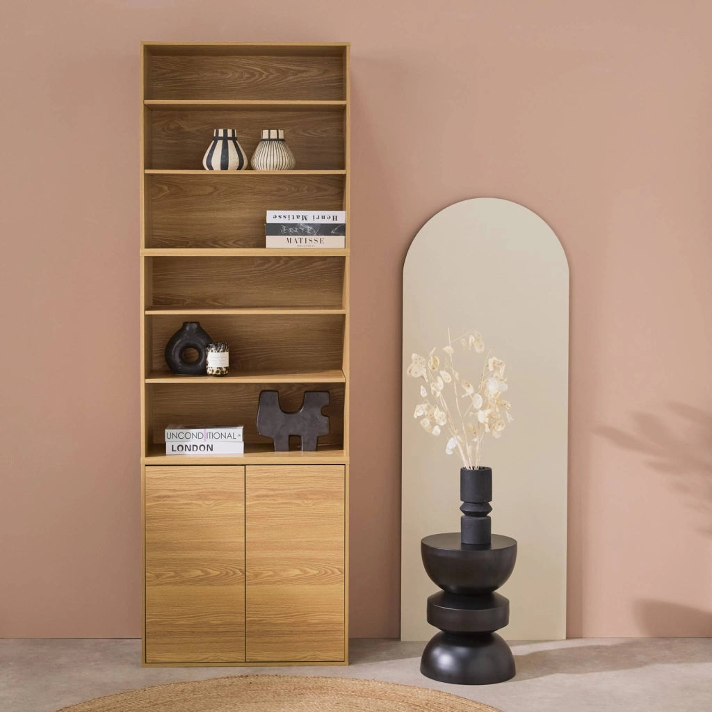 Libreria modulare con 2 ante e 5 livelli, quercia