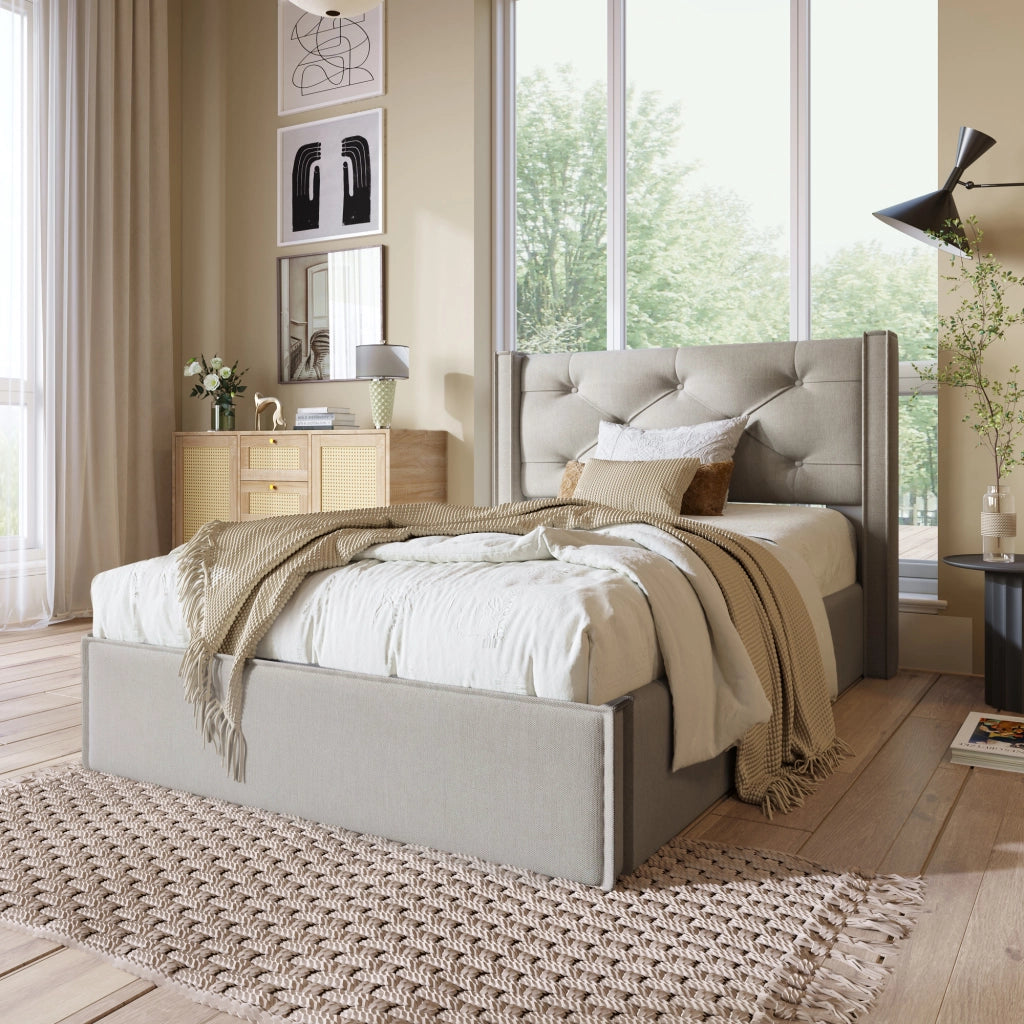 LETTO Imbottito 90x200 cm Grigio Chiaro in Cotone con contenitore