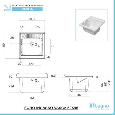Mobile lavatoio 60x60 cm bianco con vasca asse lavapanni e kit di scarico