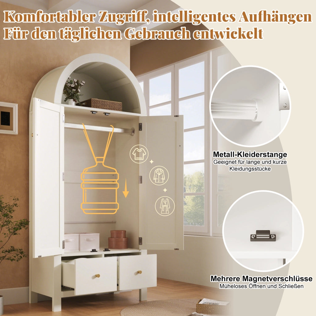 ARMADIO 181x78x45 cm con frontali in rattan, bianco, 2 cassetti