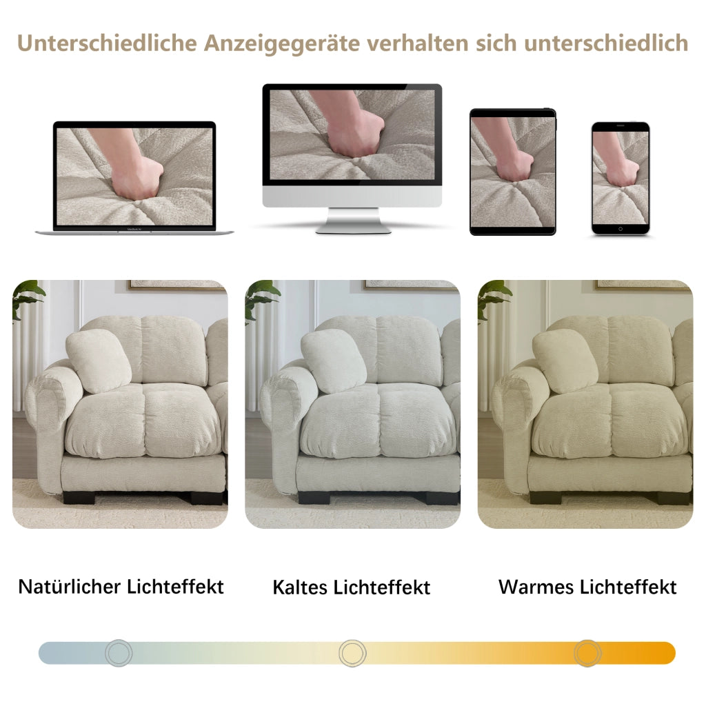 Divano dritto 2 posti modulare con cuscini trapuntati e cuscino lombare in Chenille, Beige chiaro