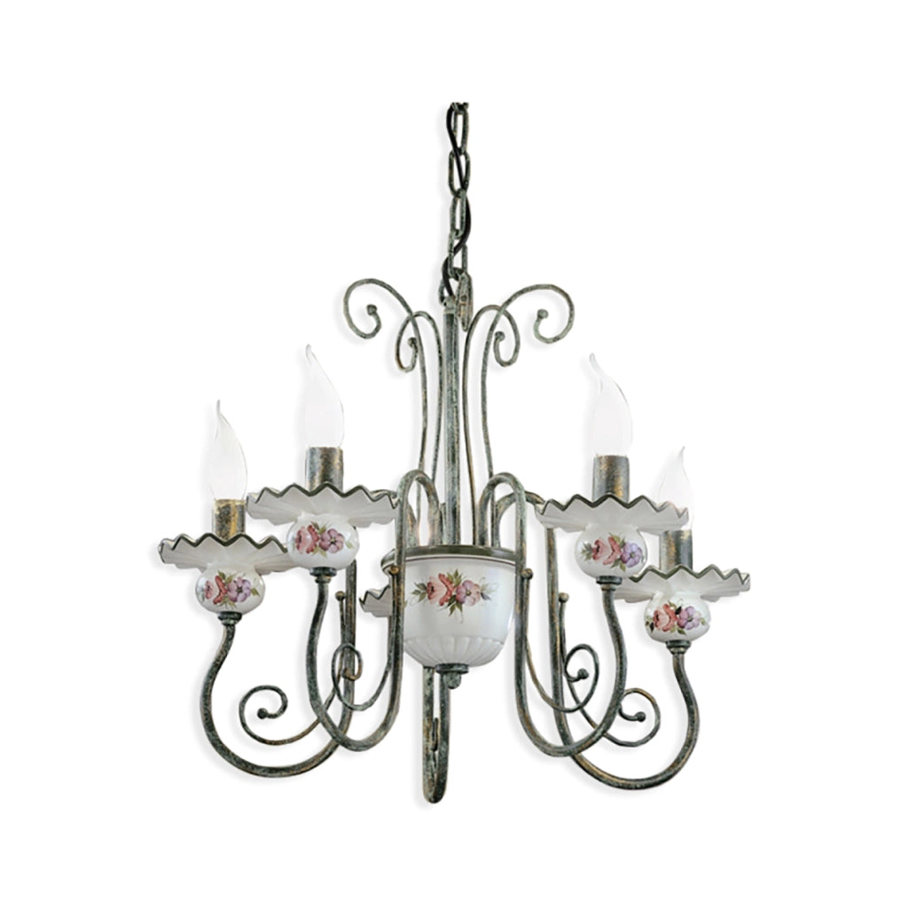 Lampadario Classico Sanremo Metallo E Ceramica Verde Sfumato Oro 5 Luci E14