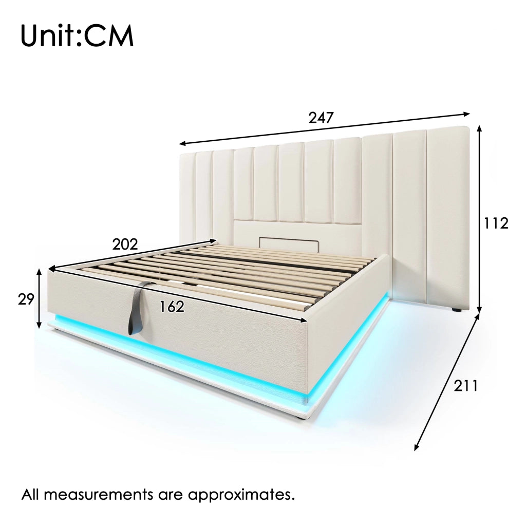 LETTO Contenitore 160x200 cm in PU Bianco con LED e ricarica USB-C
