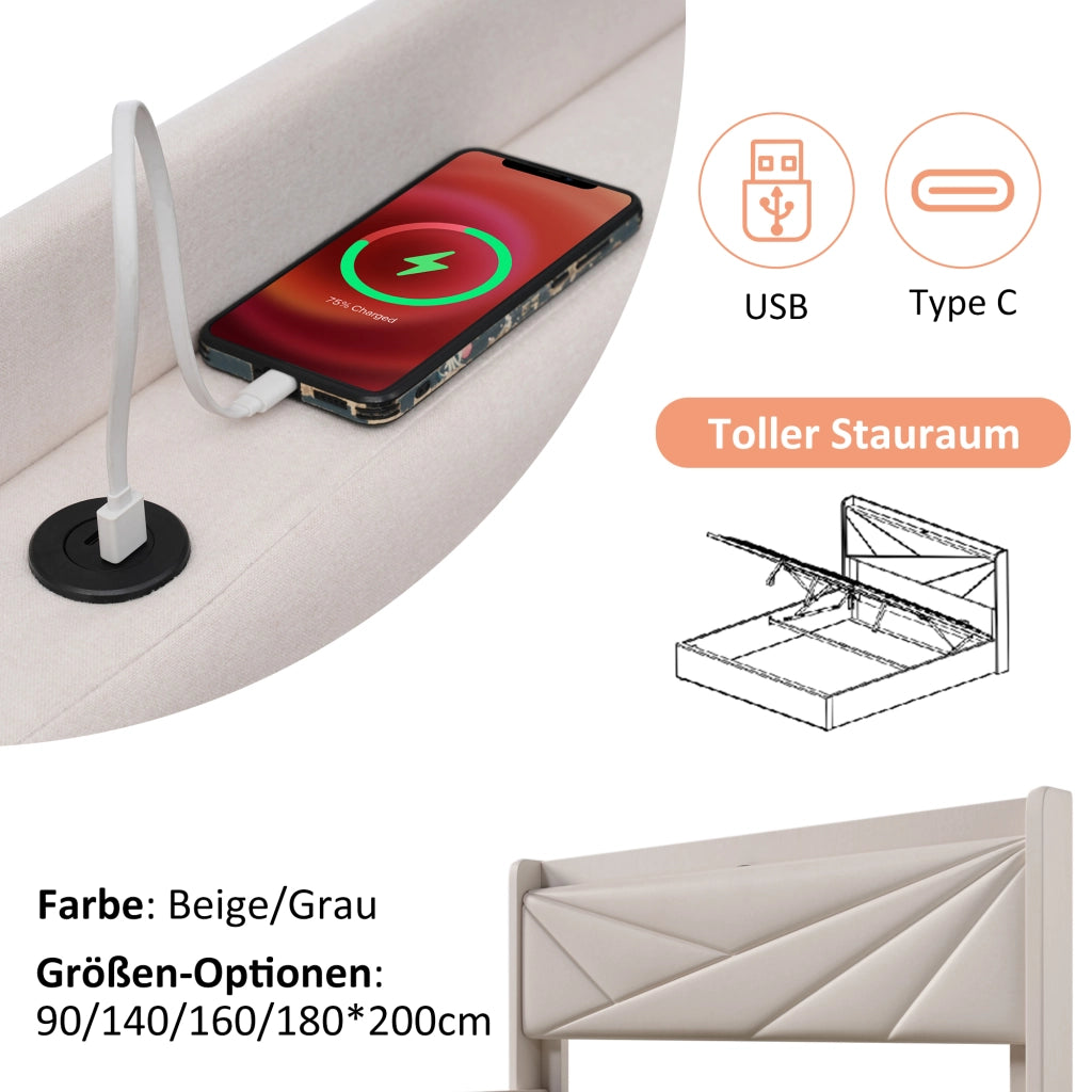 LETTO matrimoniale contenitore 180x200 cm beige in cotone lino con USB Type-C