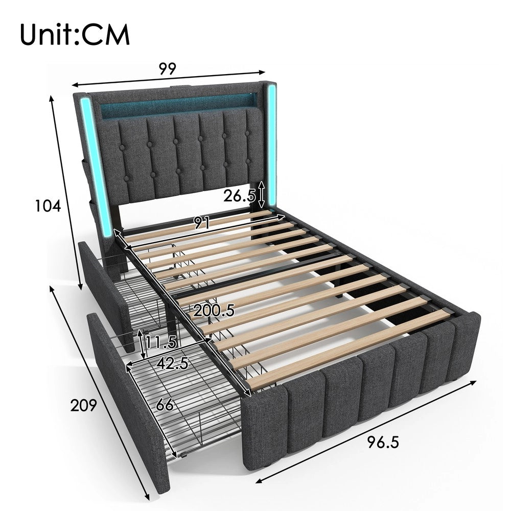 Letto Imbottito con LED, USB e 2 Cassetti ¨C MINIMAL ¨C Grigio 90x200 Singolo
