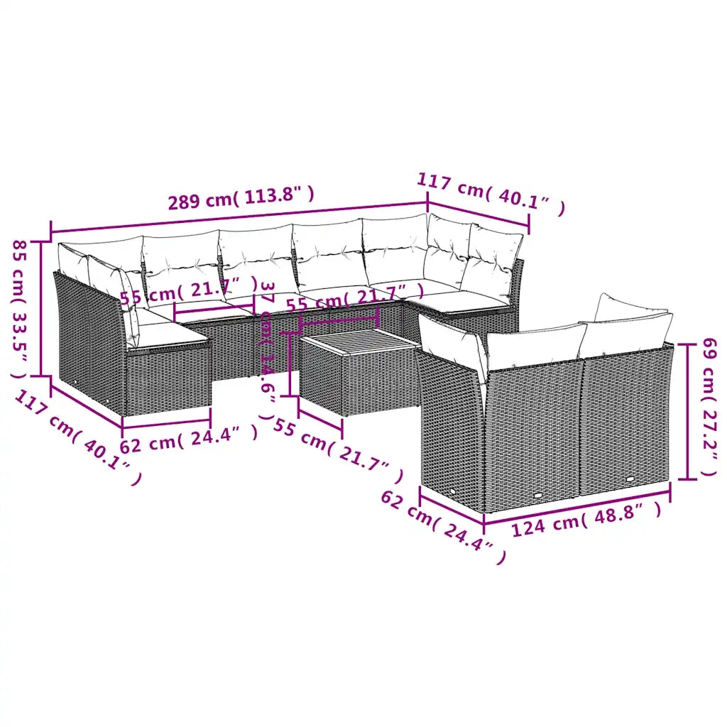 Set Divani da Giardino 10 pz con Cuscini Nero in Polyrattan 3256141