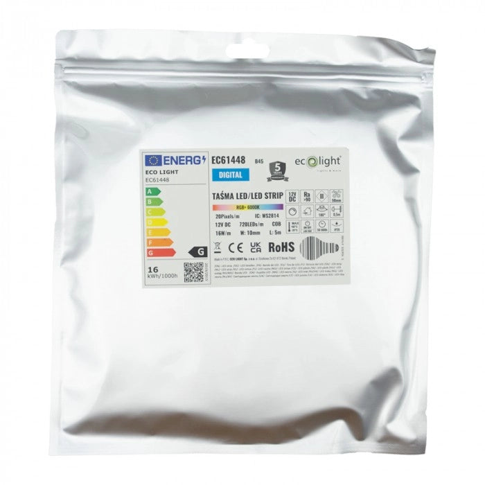 Striscia LED COB digitale 12V RGB+6000K 720/m 5m Ecolight