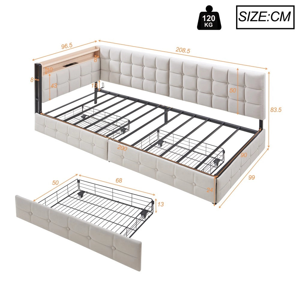 Letto Singolo Imbottito con Cassetti e LED ¨C MINIMAL ¨C Beige 90x200