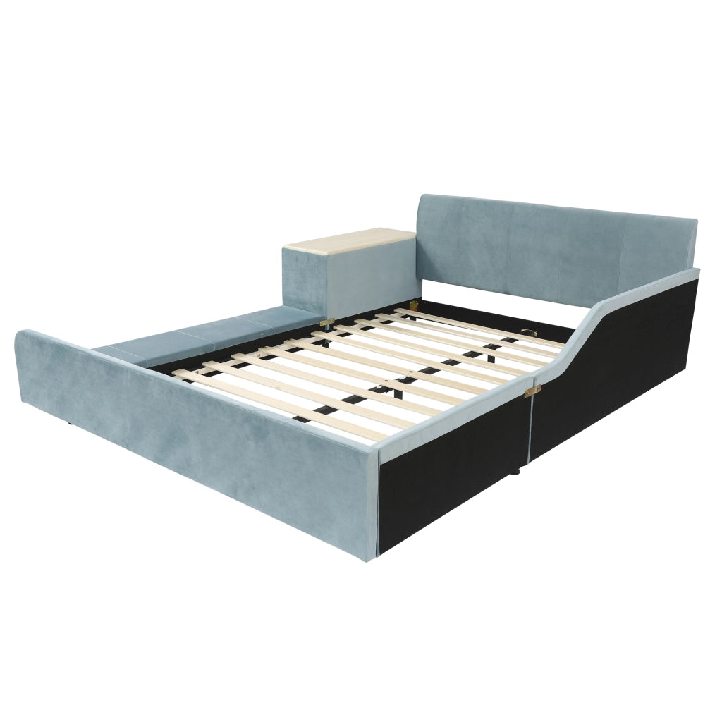 Letto Singolo Imbottito con Scrivania e Sgabello ¨C MINIMAL ¨C Velluto Blu 140x200