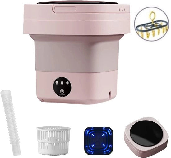 Mini Lavatrice 8L – Con Stendibiancheria & Cestino per Lavaggio – Ripiegabile & Economica in Energie – Per Casa e Campeggio – Rosa Chiaro